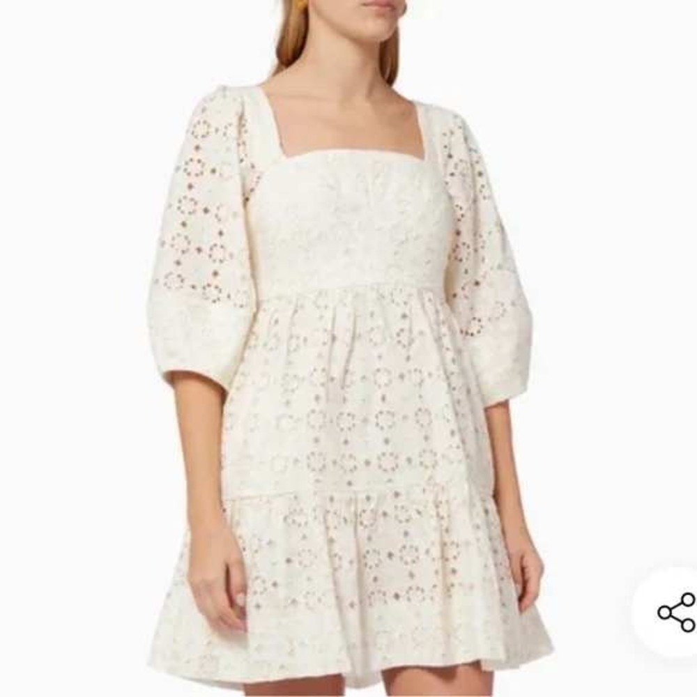 Shona Joy Ivory Eyelet Lace Puff Sleeve Tiered Fryda Square Neck Mini Dress 4